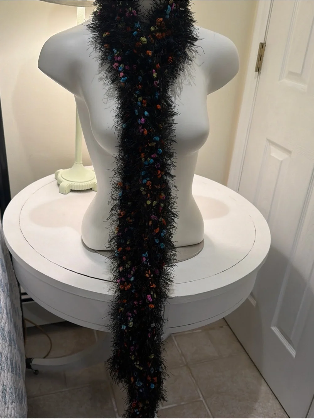 Fuzzy Black Eyelash Scarf with Multicolor Pom Accents - Women's Accessory Y2K